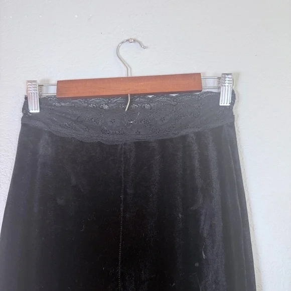 Black Velvety Lace Trim Bootcut Hippie Bohemian Festival Artsy Stretchy Pant M - Picture 4 of 10